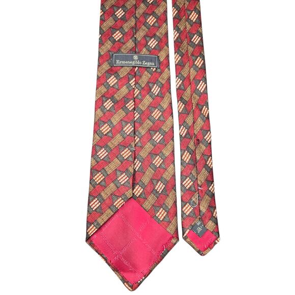 ERMENEGILDO ZEGNA Men Tie 100 Silk Red Green Geometric Italy Luxury Modern Style - Picture 4 of 8